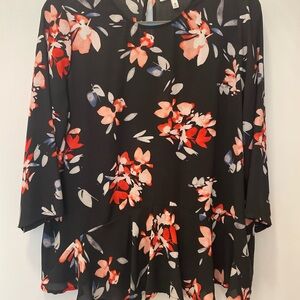 Chaus Black Blouse with Red and Pink Floral Design